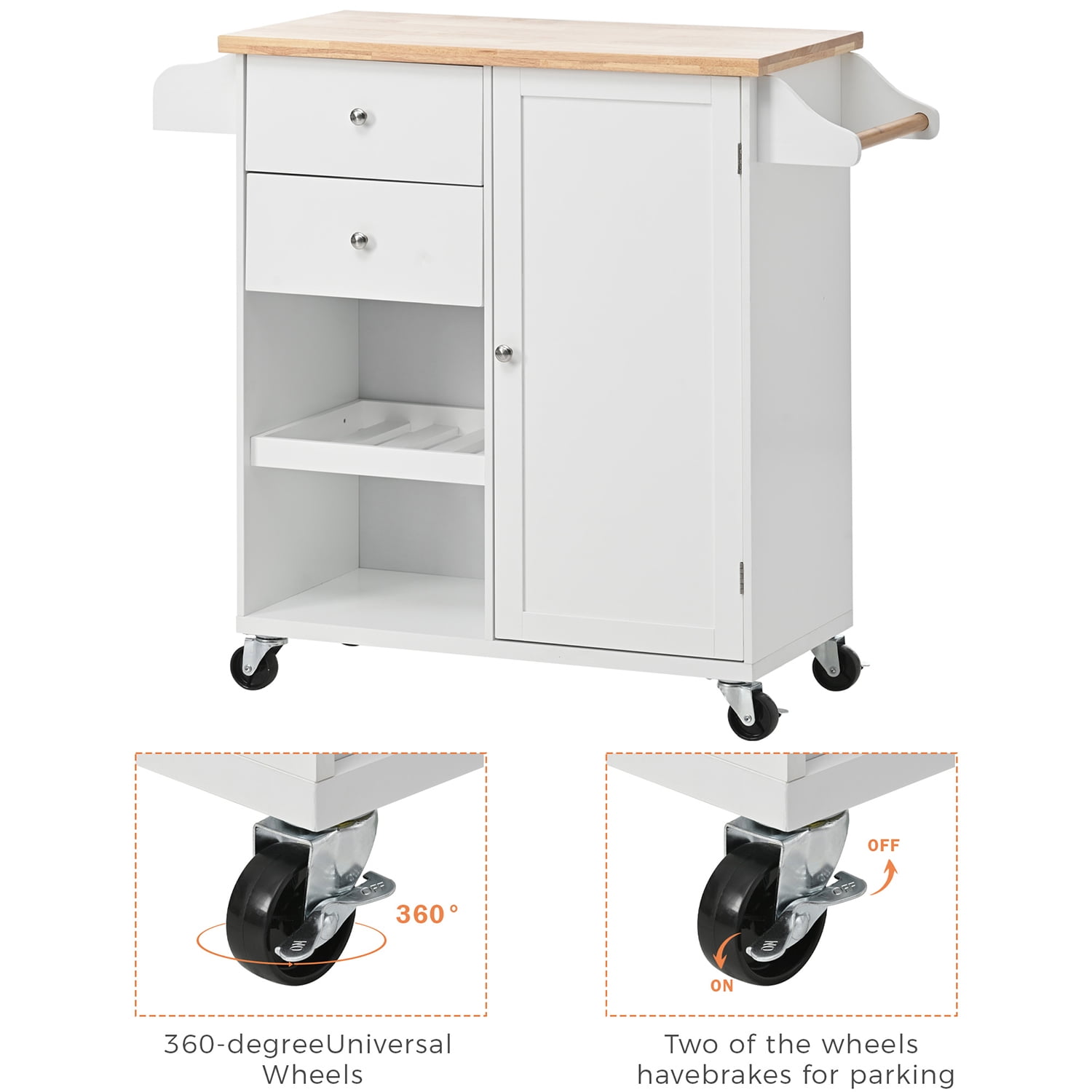 Kepooman Kitchen Cart with Spice Rack, Towel Rack & Two Drawers, Kitchen Island on Wheels for Your Daily Food Preparation, White Kepooman Kitchen Cart with Spice Rack, Towel Rack & Two Drawers, Kitchen Island on Wheels for Your Daily Food Preparation, White