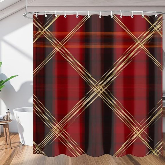 Shower Curtain Set, Brown Red Plaid Shower Curtain For Bathroom Decor, Waterproof Fabric Bath Curtain With Grommets And Hooks 72"W x 72"L