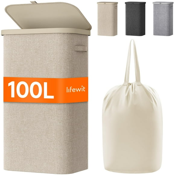 Cesto de ropa Lifewit de 100 litros con tapa y bolsa extraíble, color beige