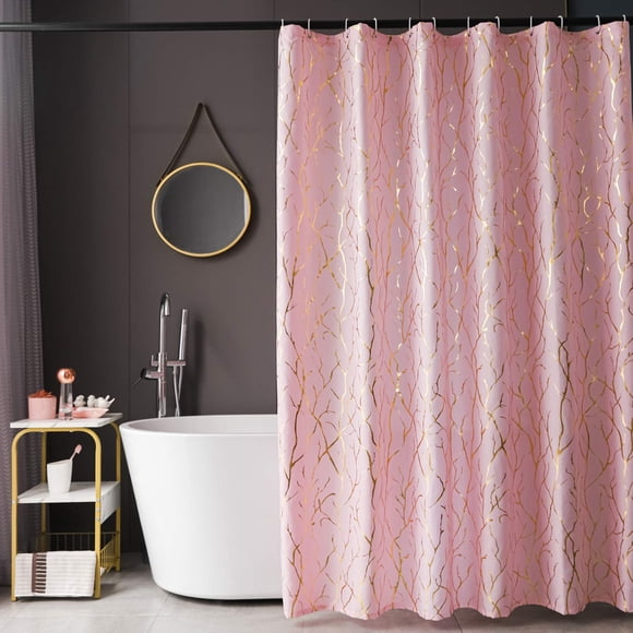 FINECITY Cortina de ducha de tela de árbol – Cortina de ducha rosa con estampado de ramas de lámina dorada metálica, juego de cortina de ducha con ojales de 72 pulgadas de largo y 12 ganchos de 72 x 7