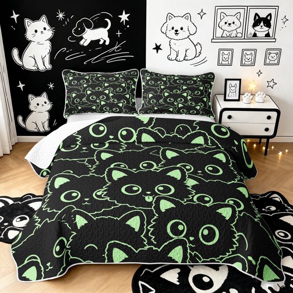 Manfei Cute Simple Cat Twin Quilt Set, Cartoon Kitten Twin Coverlet Set, Black Green, 2 Pieces, 1 Bedspread and 1 Pillowcase