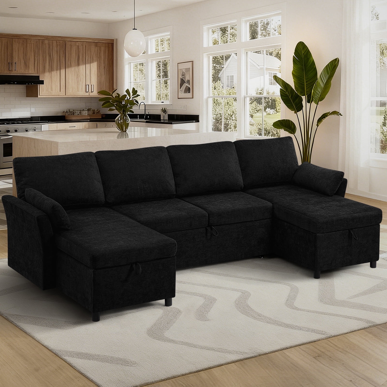 ACMEASE 107 Inches Fabric Sectional Sofa with Pull Out Sofa Bed, Modern U Shaped Sofa with Throw Pillows, Comfortable Sleeper Couch with Storage Chaise for Living Room, Black