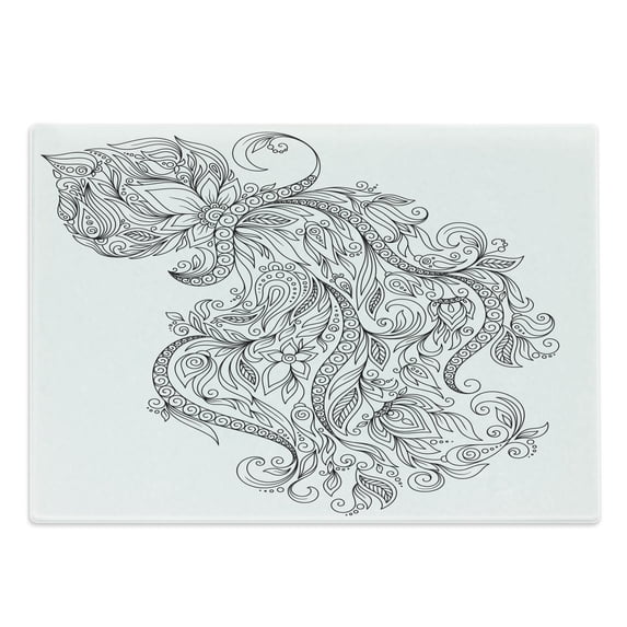 Zodiac Cutting Board, Swirling Curved Flowers and Bouquet with Zodiac Sign Aquarius Month Design, Decorative Tempered Glass Cutting and Serving Board, Large Size, Black White, by Ambesonne