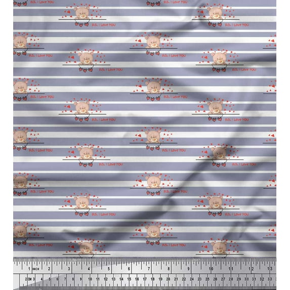 Soimoi Gray Poly Georgette Fabric Heart & Teddy Face Stripe Printed Craft Fabric by the Yard 52 Inch Wide