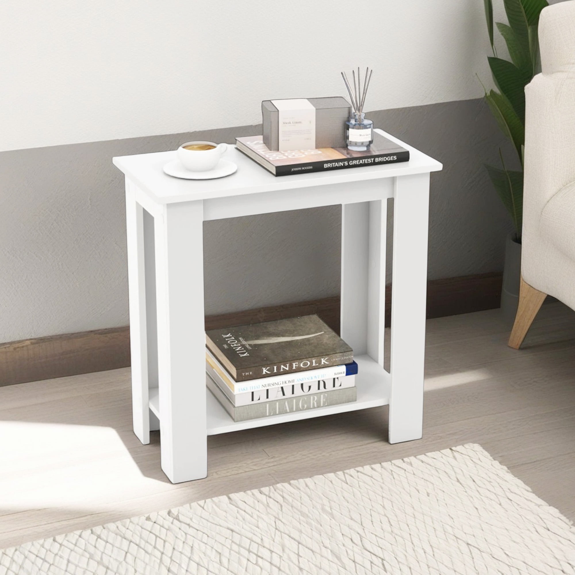 Demi Bonn 2-Tier Modern End Table with Storage Shelf, Compact Sofa Side Table, Bed Side Table, for Living Room, Bedroom, White