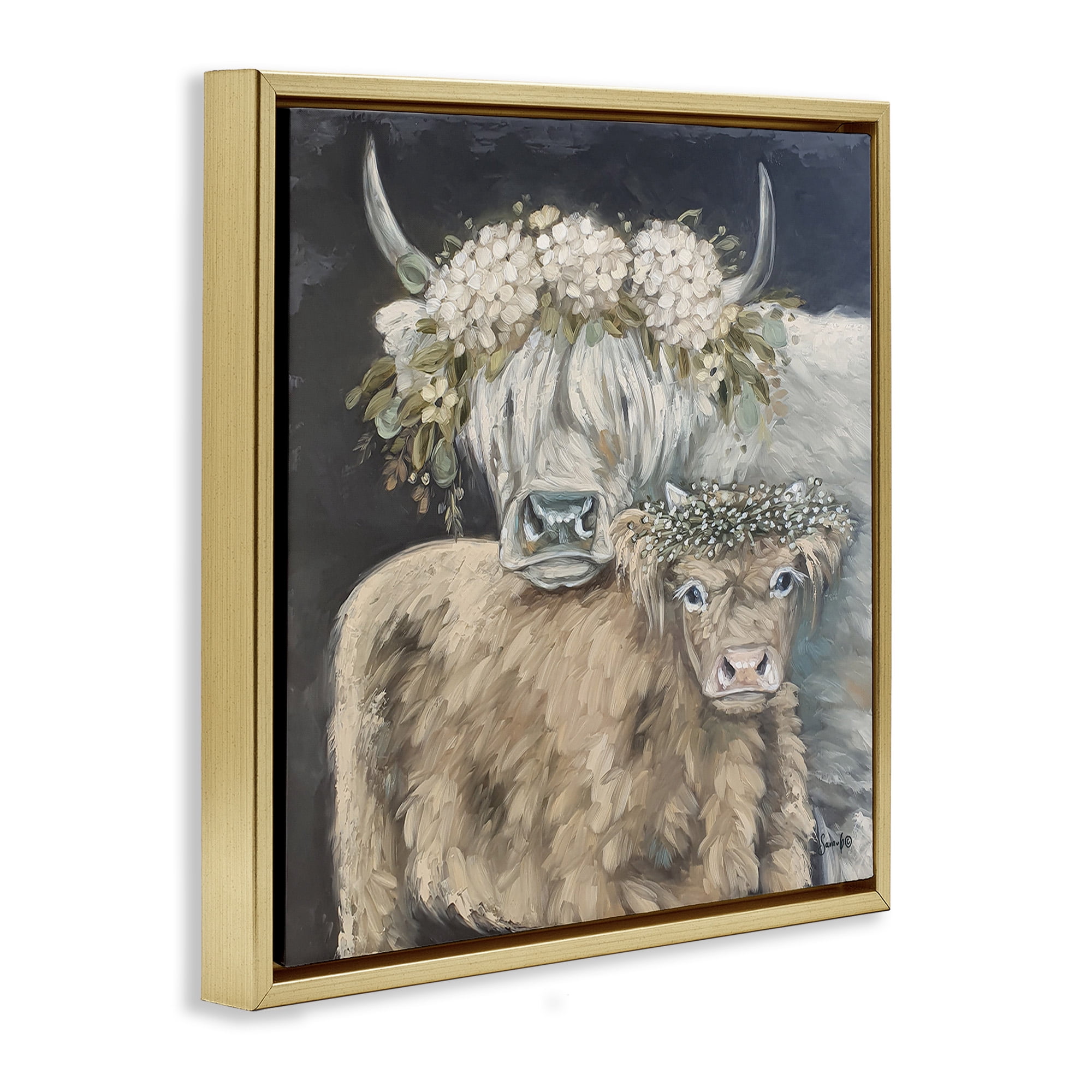 Stupell Industries Highland Cattle with Flower Garlands Animals & Insects Painting Gold Floater Framed Canvas Art Print Wall Art, 25 x 25