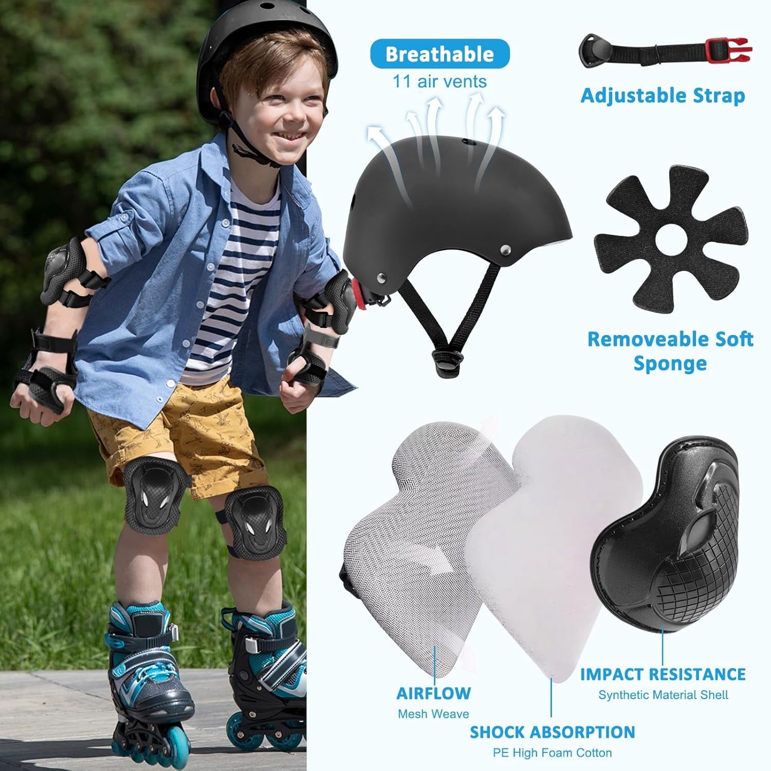 Yiomxhi Adjustable Kids Bike Helmet Set with Knee Elbow and Wrist Pads, Toddler Skateboard Helmet for Ages 3-5-8-14 Boys Girls, Protective Gear Set for Youth, for Scooters Rollerskates