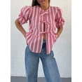 thumbnail image 6 of Yunliwuli Women's Spring Summer Casual Shirts 3/4 Sleeve O Neck Solid Color/Striped Blouse, 6 of 10