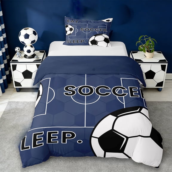 Erosebridal Ball Games Kids Twin Bedding For Boys,Deepblue White Black Duvet Cover Set,Reversible Navy 2 Pieces,No Comforter