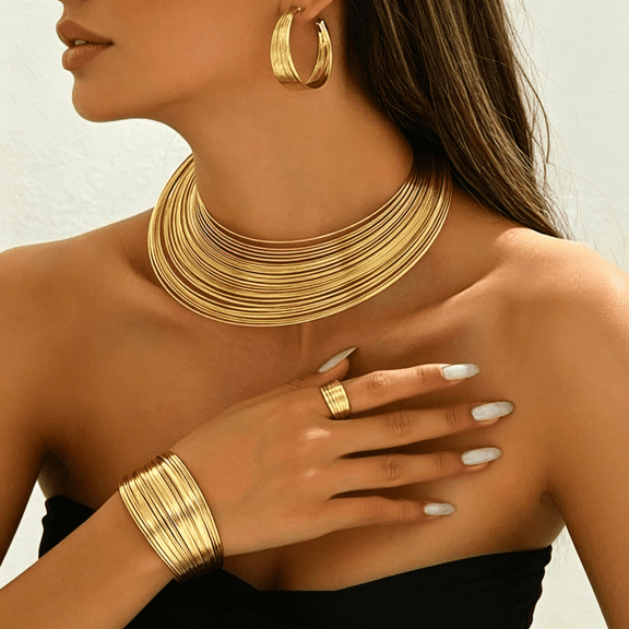 DESIGNICE Chunky Gold Statement Jewelry Set for Women Oversized Geometric Hammered Gold Earrings Pendant Long Big Pendant Chunky Necklaces Earrings Trendy Fashion Accessory for Women