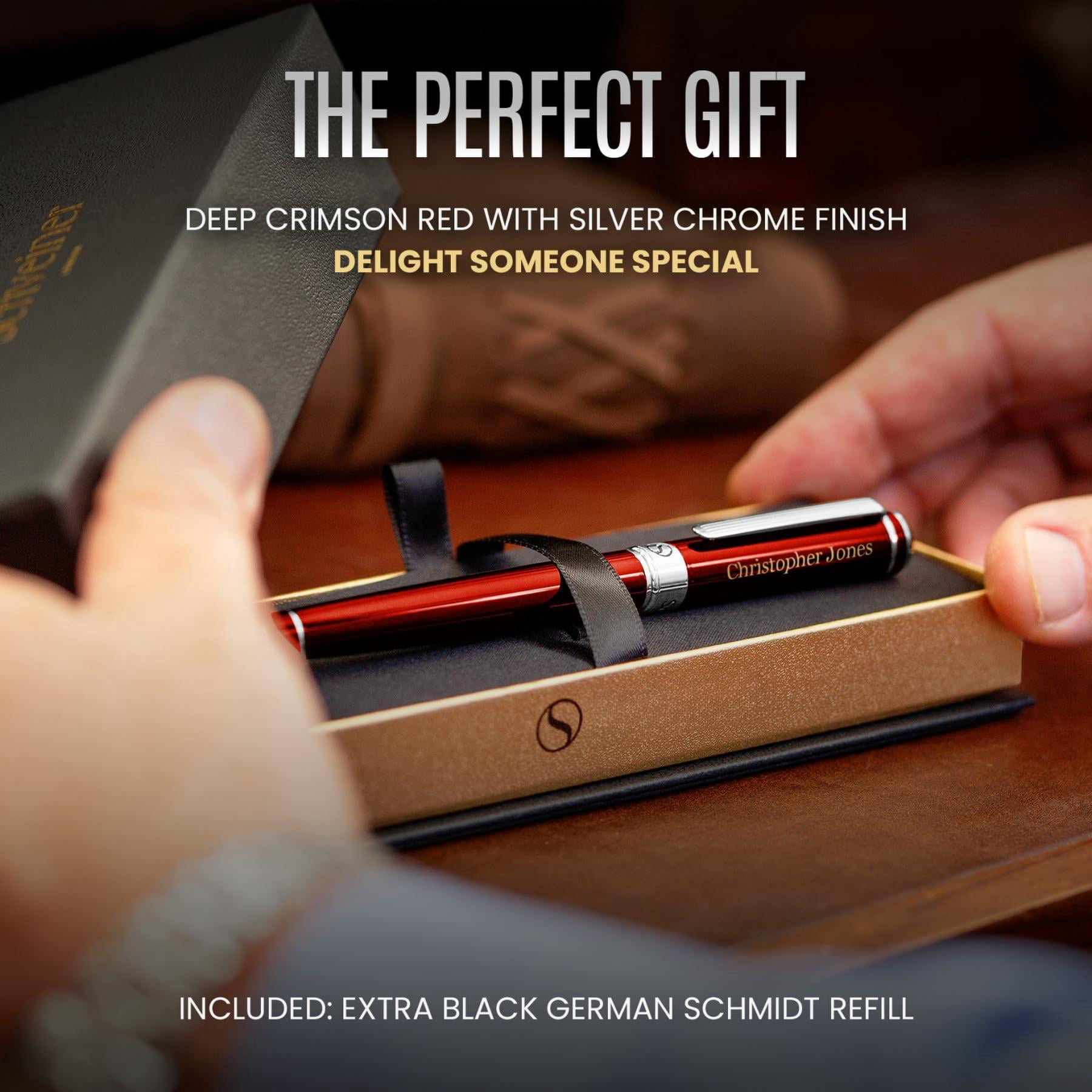 Personalized Deep Crimson Red Rollerball Pen - Stunning Lacquer Luxury With Chrome Finish  Schmidt Ink Refill Engraved Roller Ball Gift Set For Men & Women Custom Name Engraving
