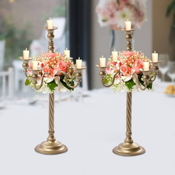 2 Pcs Gold Candelabra Dinner Table Centerpieces Metal 5-Head Candle Holder Tabletop Decor