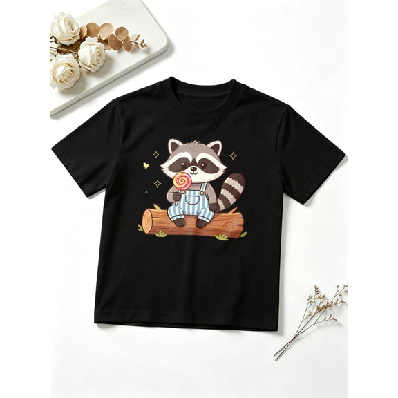 Boys Graphic Tees Cute Raccoon Eating Lollipop Short Sleeve Kids T-Shirt, 100% Cotton Soft Casual Tops for Children