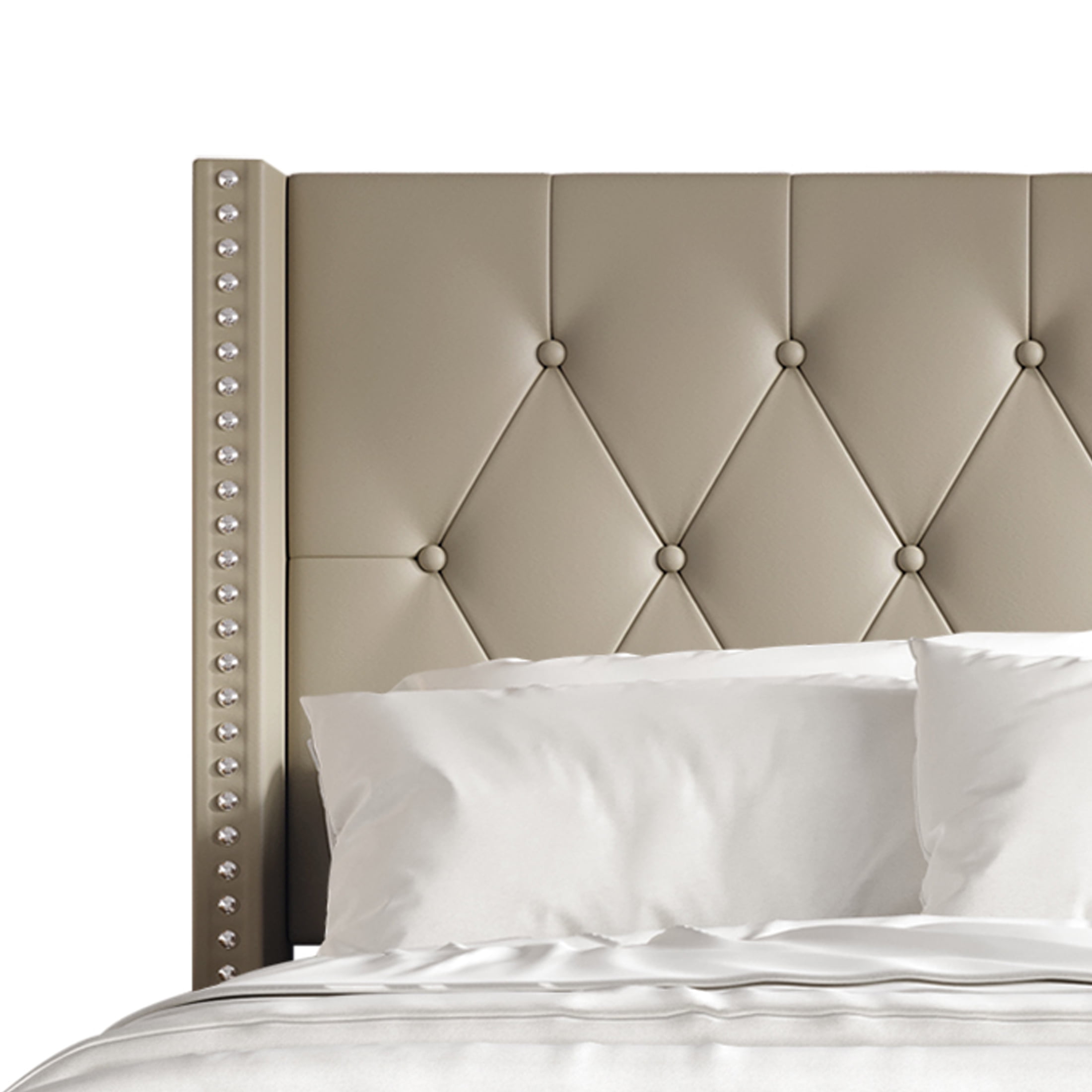 Castle Place Nailhead Trim Wingback Upholstered Bed, Gold Faux Leather, King