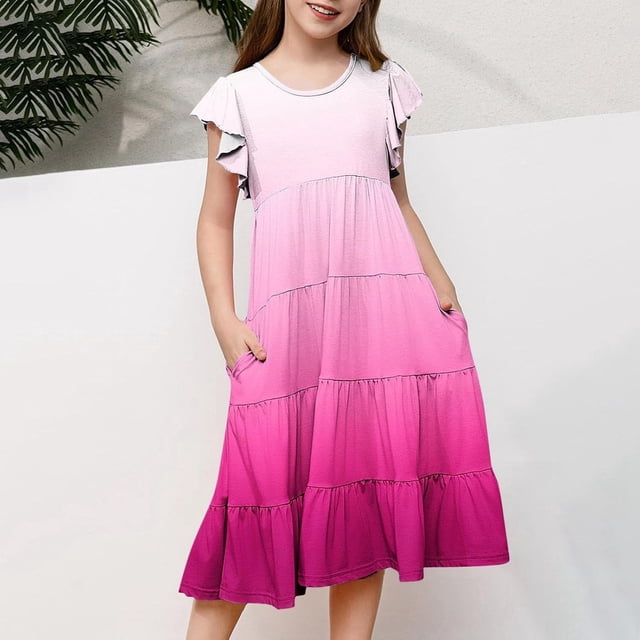 FYDUU Robe Décontractée pour Fille Robes d'Été pour Fille Couleur Dégradée Manche à Volants Évasée Fluide Midi Robe Soleil Confortable Robes de Plage 8-9 Ans