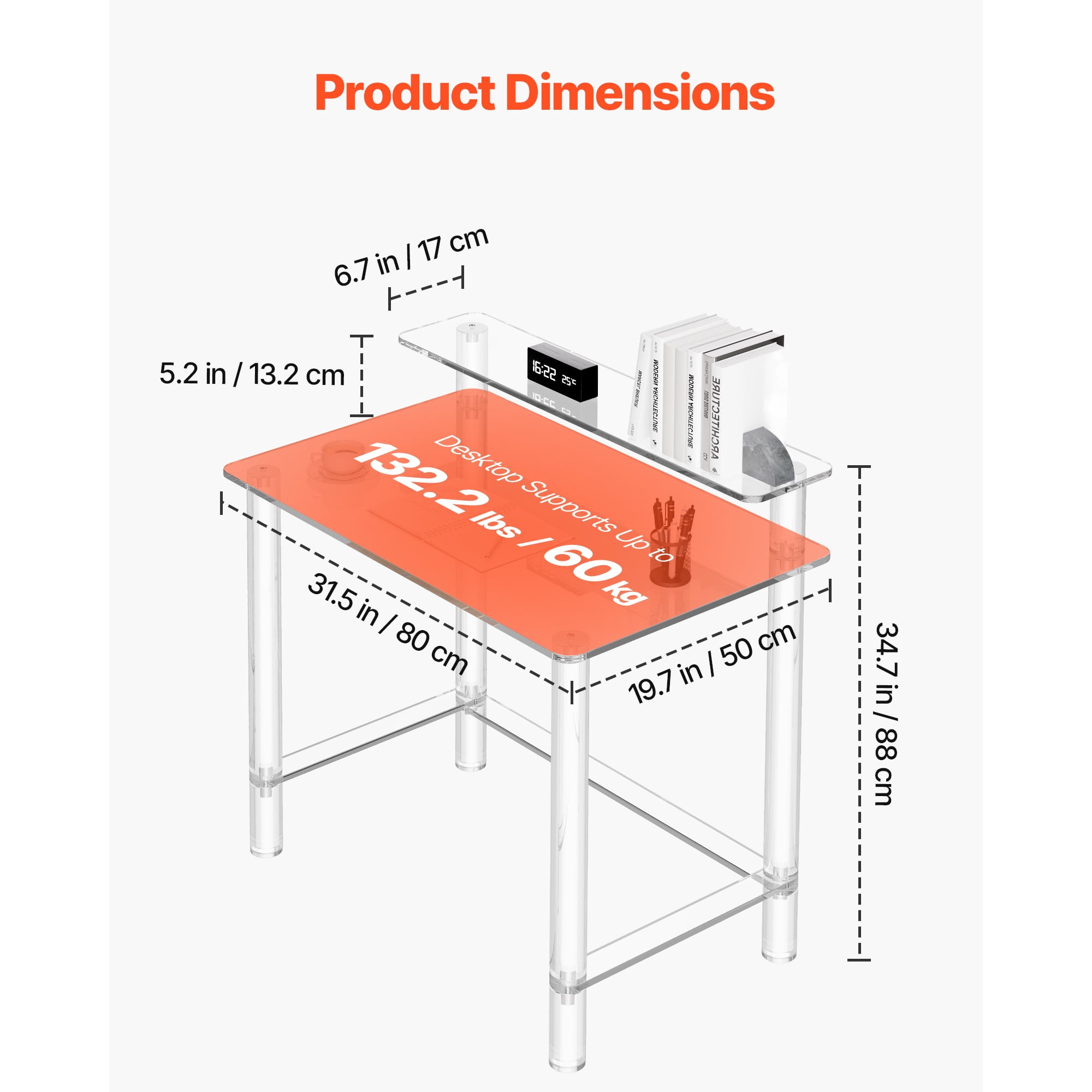 KFFKFF Acrylic Desk, Clear Office Table Featuring Monitor Stand, Sleek Computer Desk for Study, Bedroom, or Office, Modern Side Table or Nightstand, 19.7 x 31.5 x 34.7 in (Transparent)