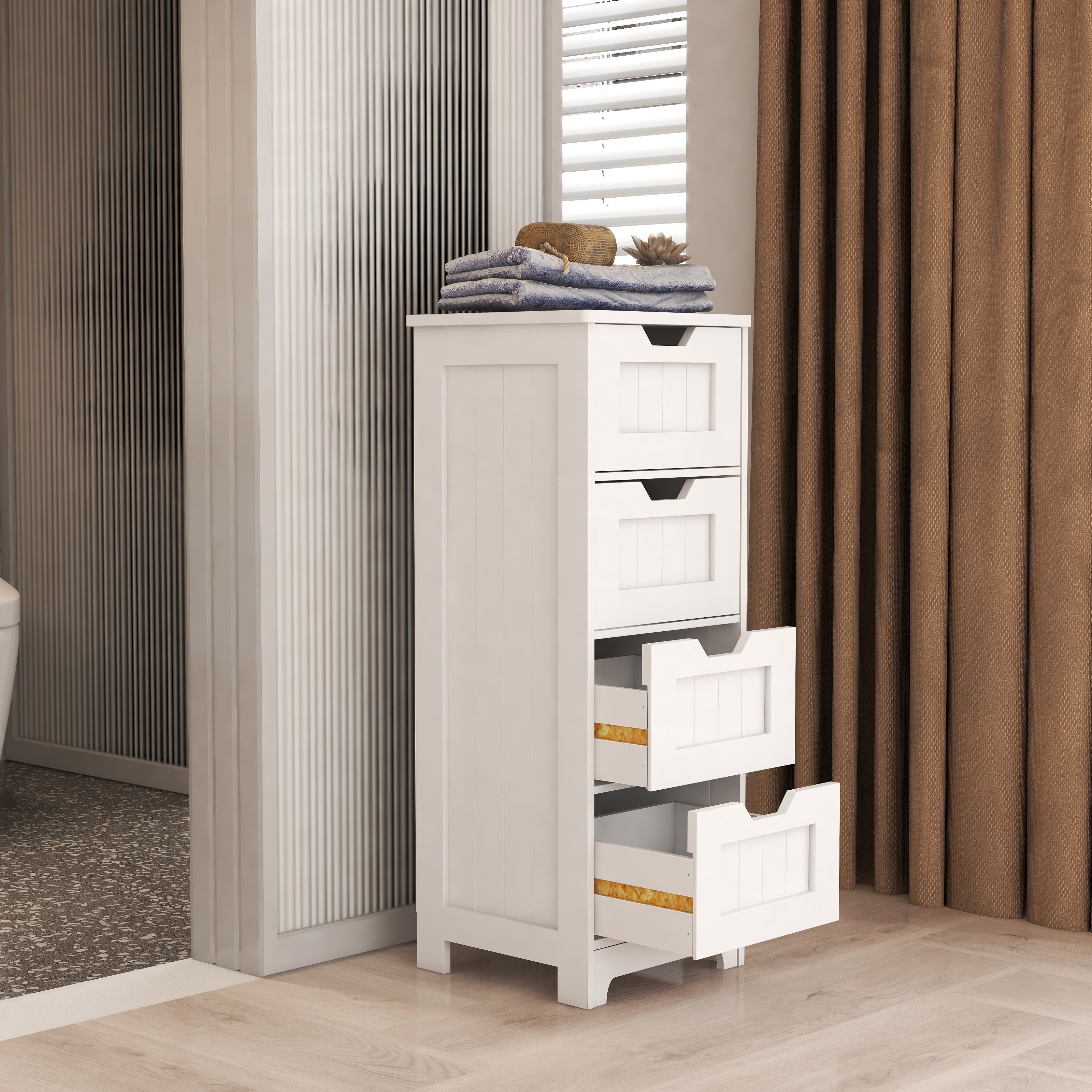White freestanding storage cabinet with 4 drawers