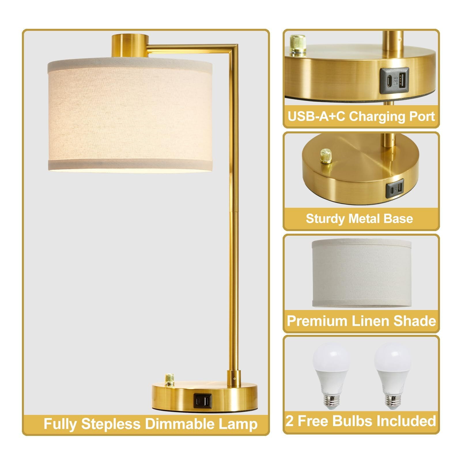 NATYSWAN Table Lamp for Bedroom Set of 2 with USB C+A Ports, Fully Stepless Dimmable Bedside Lamp with Linen Lampshade, Nightstand Lamp for Living Room Reading Office, 2 LED Bulbs Included (Gold)