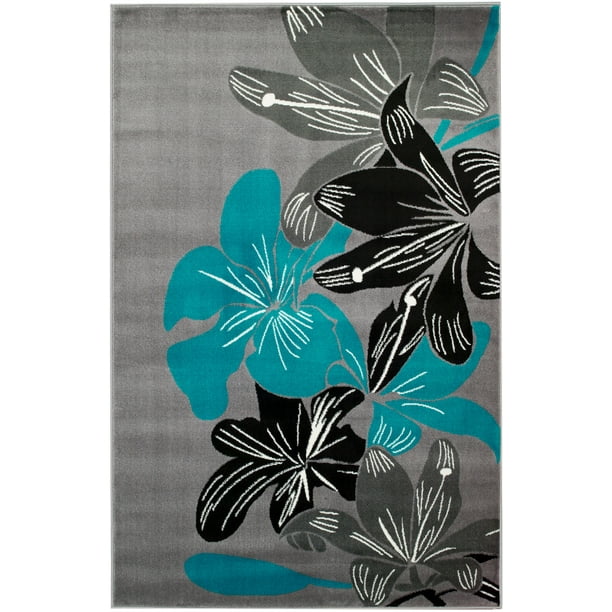 036 SUM; Teal Floral Design; Gray Area Rug RUG AND DECOR INC