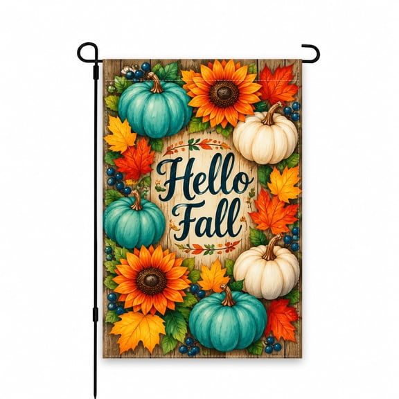 Hello Fall Garden Flag 12 x 18 Inch with Pumpkins, Sunflowers, Autumn Leaves, and Berries, Outdoor Fall Yard Flag for Patio, Lawn, or Porch Decor