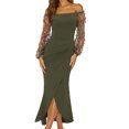thumbnail image 2 of Women's Cocktail Dress Elegant Strapless Off Shoulder Sexy Sheer Mesh Sleeve Pleated Trim Wrap Side Slit Maxi Long Party Dresses, 2 of 6