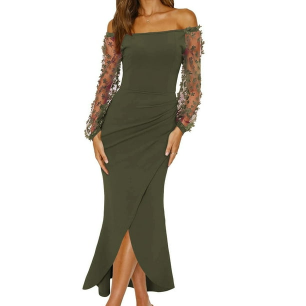 XFLWAM Women Elegant Off Shoulder Dresses Sheer Long Sleeve Mesh Ruched ...