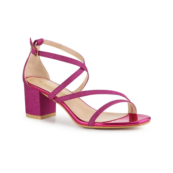 Unique Bargains Women's Glitter Crisscross Strap Chunky Heels Sandals Hot Pink (Size 7)