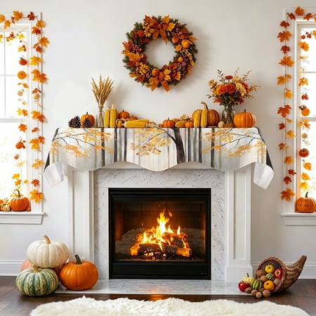 Fall Forest Fireplace Mantel Scarf Autumn Fallen Leaves Orange Landscape Mantel Scarf Scarves Fireplace Top Runner Cover for Holiday Party Home Decorations 70x17in