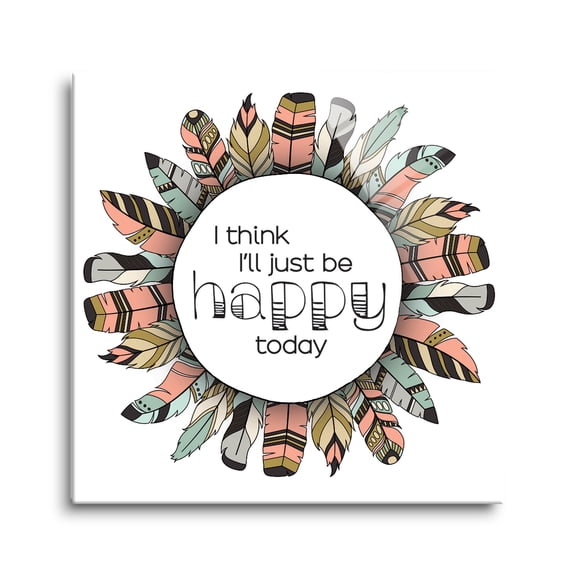 Be Happy Today Pink Green Feather Wreath 12 x 12 Glass Wall Hanging Sign