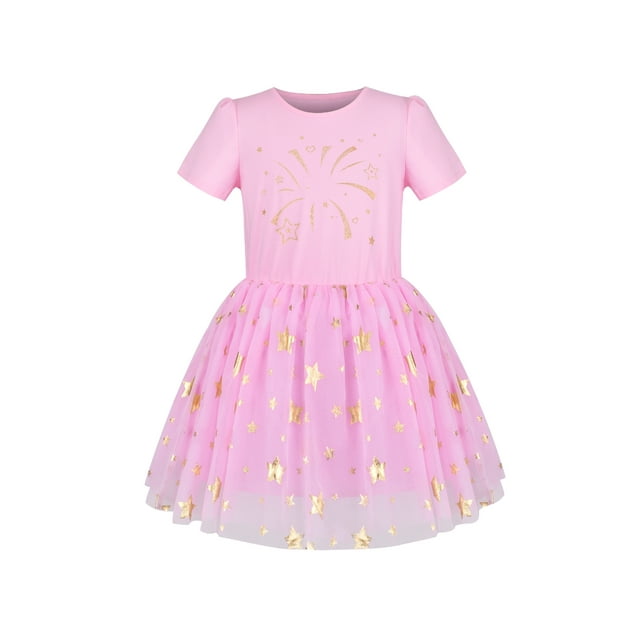 Robe Fille Coton Haut Rose Or Feu d'Artifice Col Rond Manches Courtes 6 Ans