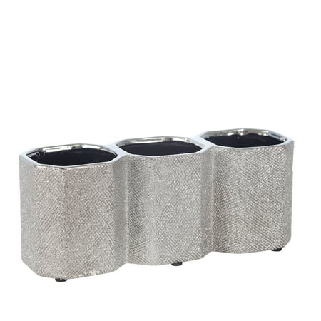 UPC: 0613460536998 | Sagebrook Home Ceramic 4  3-Cup Pencil Holder  Silver  Round  Ceramic  Glam  10 L X 3 W X 4 H  Etched