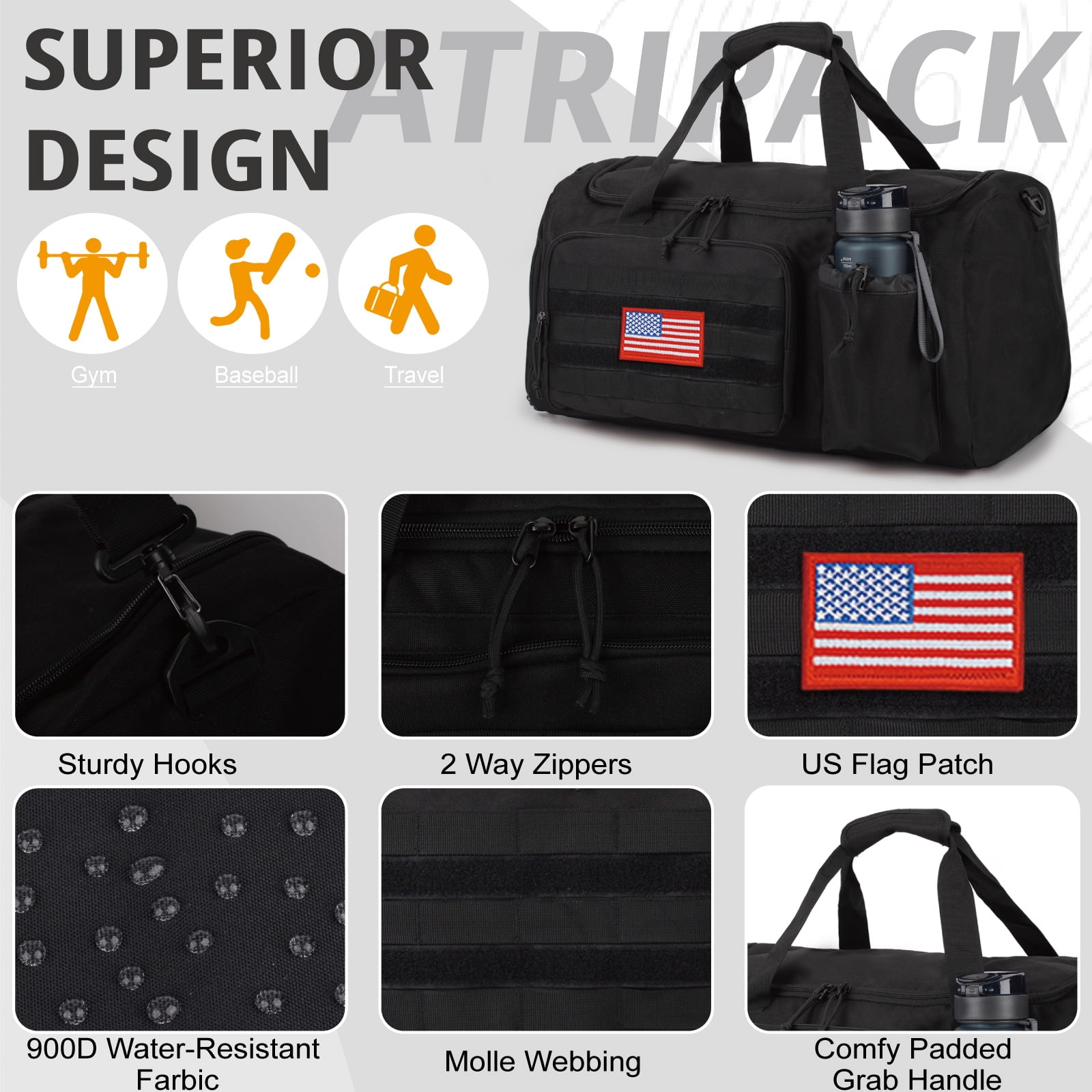 TRIPGEAR Large 40L 2-in-1 Convertible Sports Bag, Multi-functional Travel Duffle with Shoe Compartment for Daily Use
