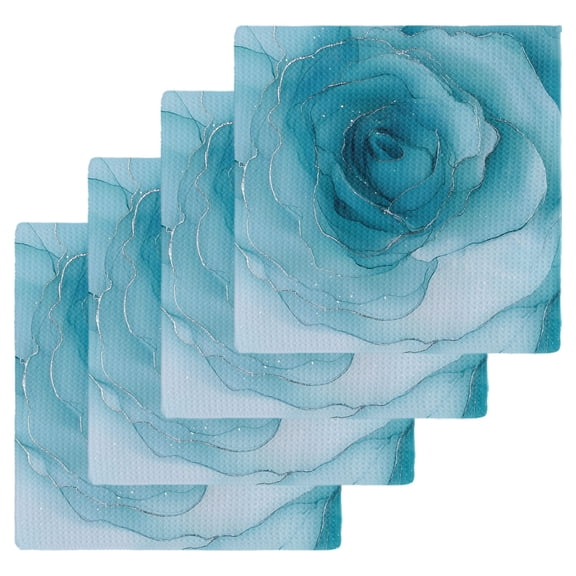 Marble Teal Blue Kitchen Dish Towels for Drying Dishes Set of 4, Modern Rose Floral Ink Art Silver Lines Waffle Weave Microfiber Hand Tea Bathroom Towels Quick Dry & Absorbent Towel 12x12