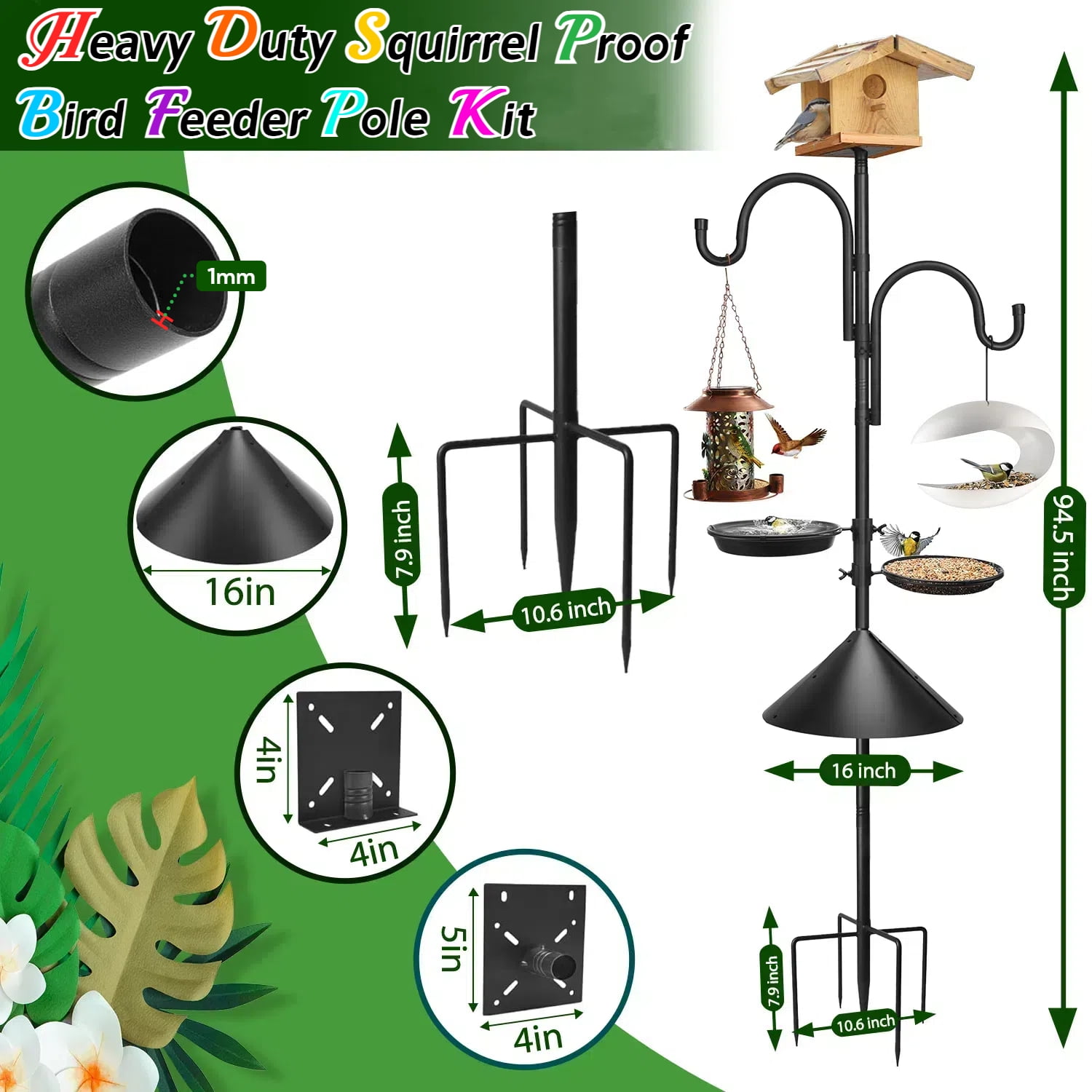 Teblint 92" Bird Feeding Station, Heavy Duty Bird Feeder Pole Bird House Stand Mount Kit w/ Squirrel Proof Baffle 2 Shepherds Hooks, Adjustable Feeder Stand for Outdoor Wild Birds Watching