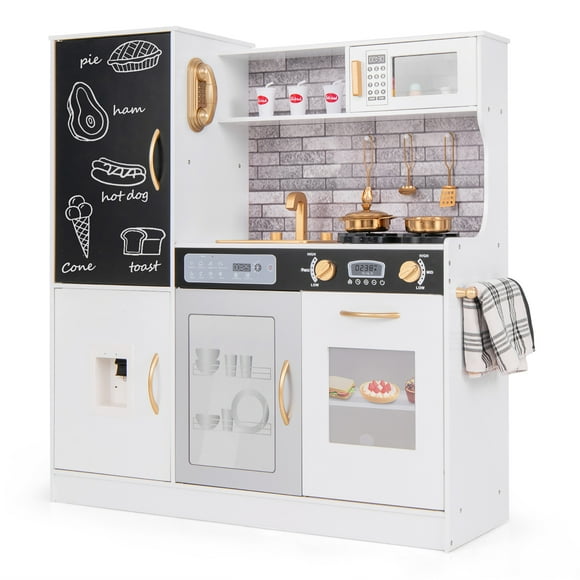 Gymax Play Kitchen Toy Set w/ Chalkboard Oven Sink Curtain Microwave Water Dispenser