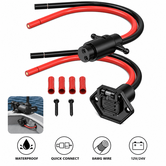 Trolling Motor Plug and Receptacle Kit, 12V-24V 8AWG 2-Wire Quick Connect for Marine Boat Motors