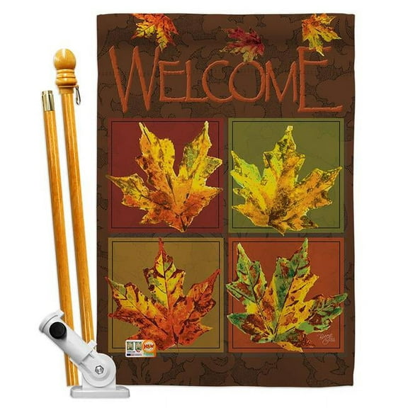 Breeze Decor BD-HA-HS-113048-IP-BO-D-US12-AM 28 x 40 in. Fall Leaves Collage Harvest & Autumn Impressions Decorative Vertical Double Sided House Flag Set with Pole Bracket Hardware