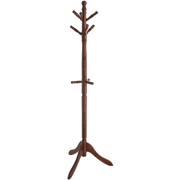 Solid Wood Coat Rack - Free Standing Hall Tree with 10 Hooks, Rubberwood, Dark Walnut