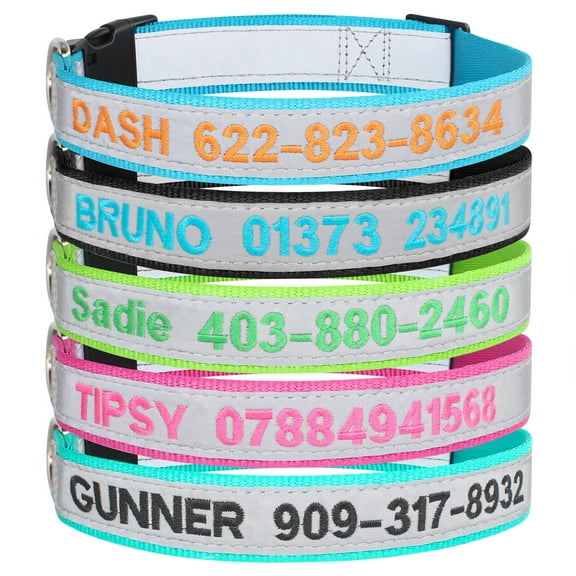 Reflective Adjustable Dog Collar with Custom Embroidery of Name and Phone Number for Anti-Loss.