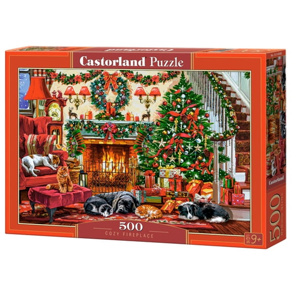 500 Piece Jigsaw Puzzle, Cozy Fireplace, Christmas living room, Decorated tree, Fireplace and sleeping dogs, Festive holiday art., Adult Puzzle, Castorland B-54060