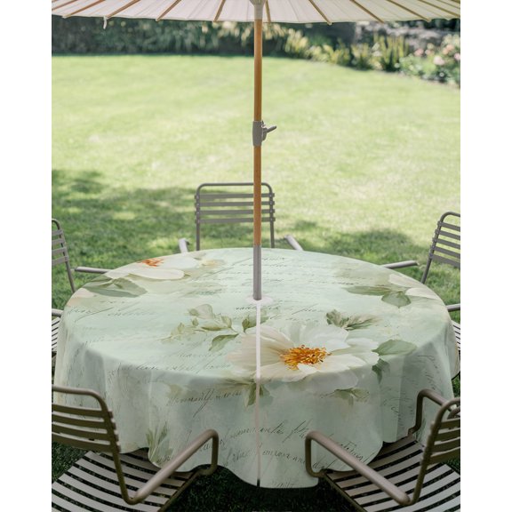 Outdoor Tablecloth with Umbrella Hole, Summer Pastoral Camellia Zippered Table Cloth for Square Tables, Rustic Flower Retro Letter Back Washable Waterproof Tablecloths for Picnic Patio Garden