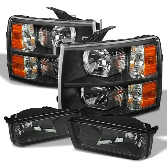 AKKON - Fits 2007-2013 2014 Chevy Silverado 1500 / 2500HD / 3500HD Black Headlights   Smoked Fog Light Lamps Pair Left Right