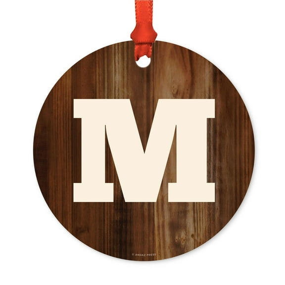 Metal Christmas Ornament, Monogram Letter M, Rustic Wood, Includes Ribbon and Gift Bag