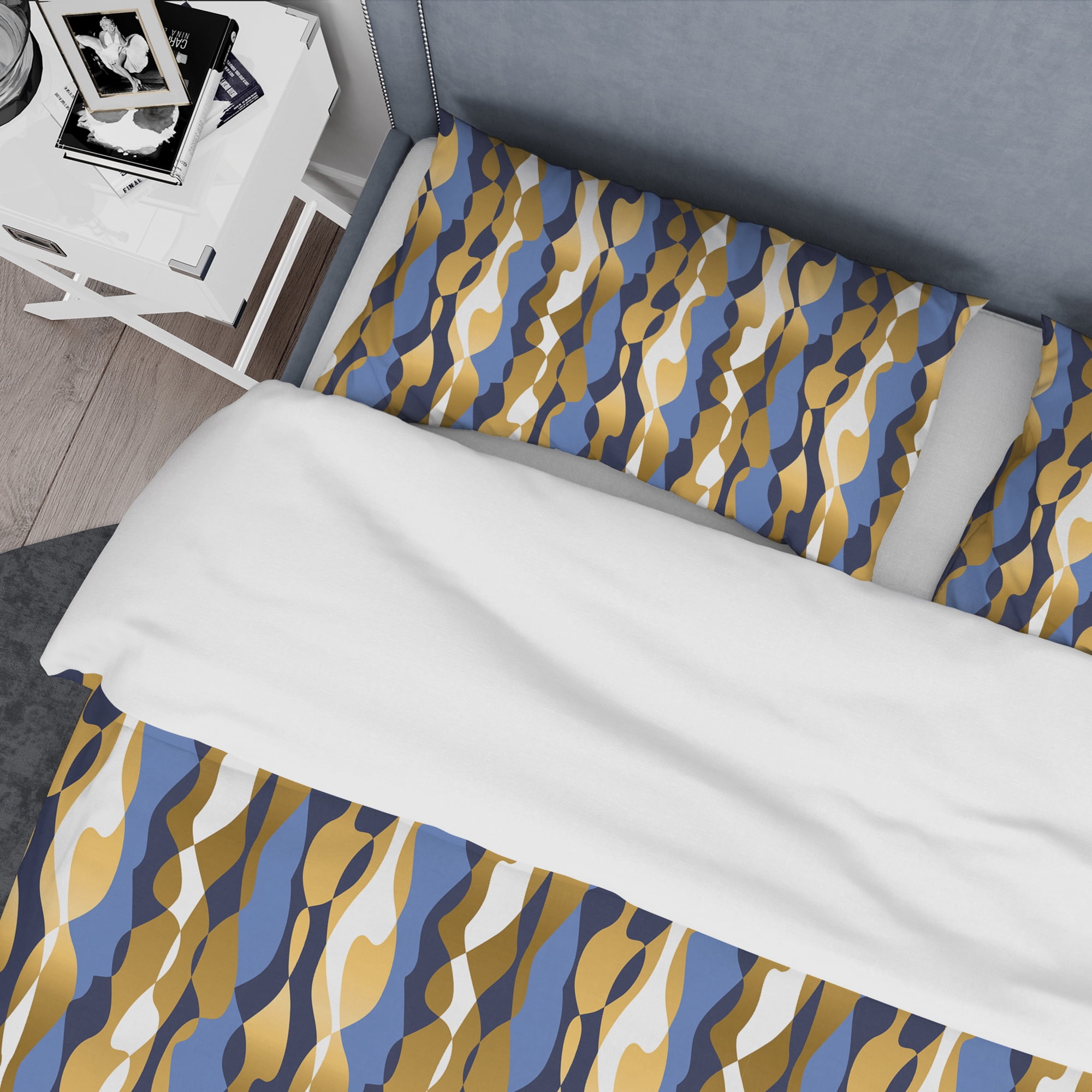 Designart 'Retro Luxury Waves In Gold And Blue I' Mid-Century Modern Duvet Cover Set