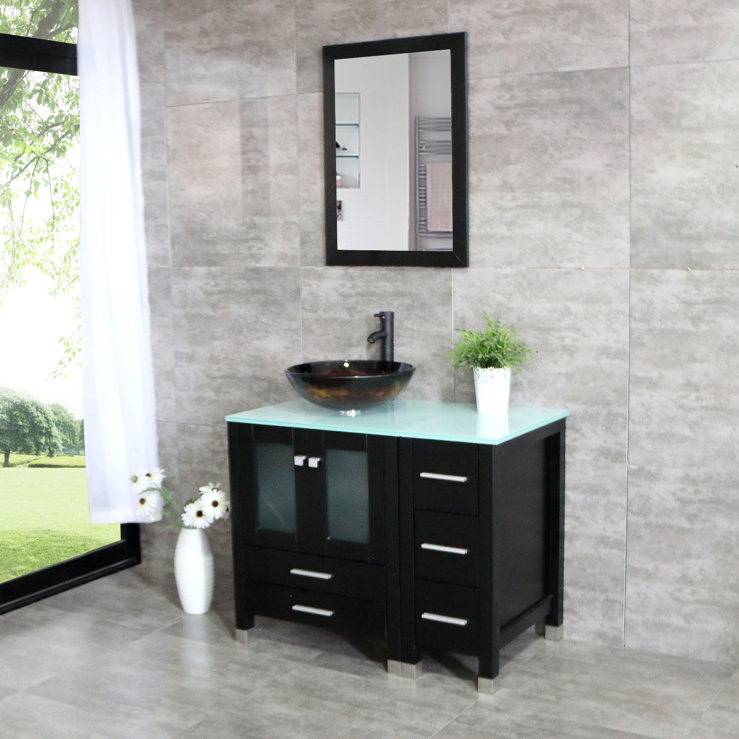 36" Bathroom Vanity W/ Tempered Glass Vessel Sink