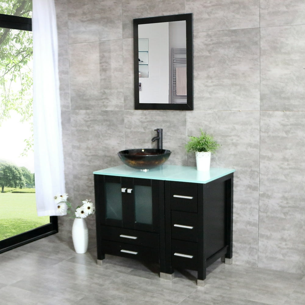 Wonline 36" Bathroom Vanity Cabinets W/ Tempered Glass Vessel Sink /Countertop /Mirror Black ...