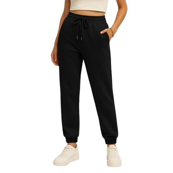 Tianiyouqing Drawstring Sweatpants Women Elastic Bottom High Waisted Relaxed-Fit Cotton Pants Fleece Lined Stretchy Waist Trendy Jogging Trousers Summer Casual Joggers Pants Black M