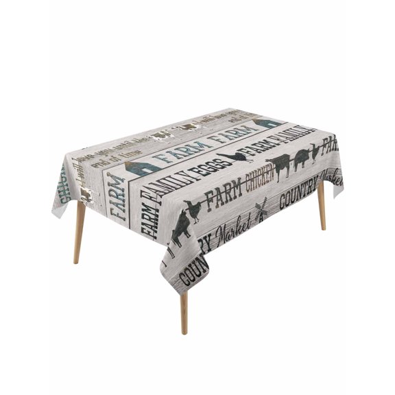 Retro Farm Animals Rectangle Tablecloth, Country Cow Pig Chicken Teal Wooden Waterproof & StainResistant Tablecloth, Washable Oil-proof Table Cover for Dining/Party/Wedding/Camping/Buffet 54x108 In