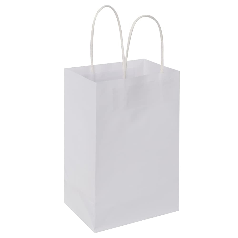 100pcs 5.25x3.25x8.25 Inch Small Plain Natural Paper Gift Bags with Handles Bulk, Kraft Bags for Birthday Party Favors Grocery Retail Shopping Business Goody Craft Bags Cub (White 100 Count)