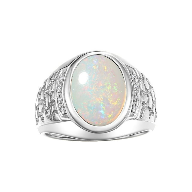 RYLOS Men's Rings 14K White Gold Nugget Ring with Cabochon Gemstone & Diamonds Opal Rings For Men Size 10
